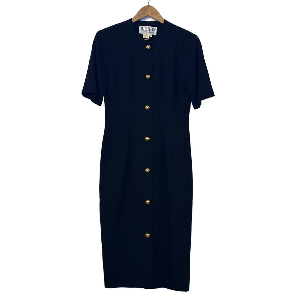 BICHON by Sara Edwards Size 6 Black Button Front Professional Career Shirt Dress